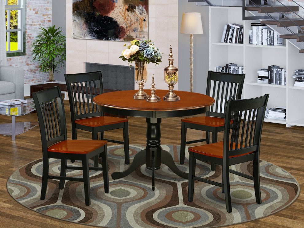 5Pc Round 42"Table And Four Wood Seat Kitchen Chairs