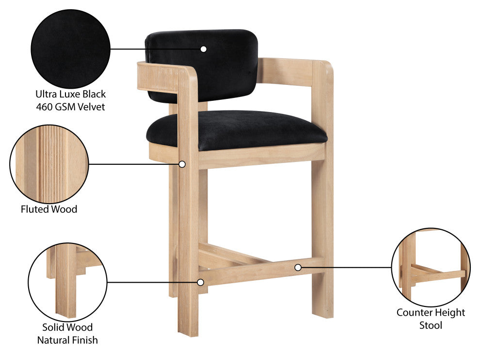 Sacha Upholstered Bar and Counter Stool, Black, Velvet, Natural