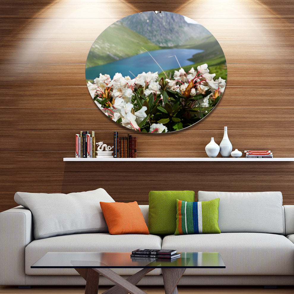Mountains Lake With White Flowers, Flower Round Wall Art, 36"