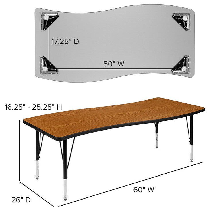 3 Piece 86" Oval Wave Activity Table Set - Height Adj. Short Legs, Oak