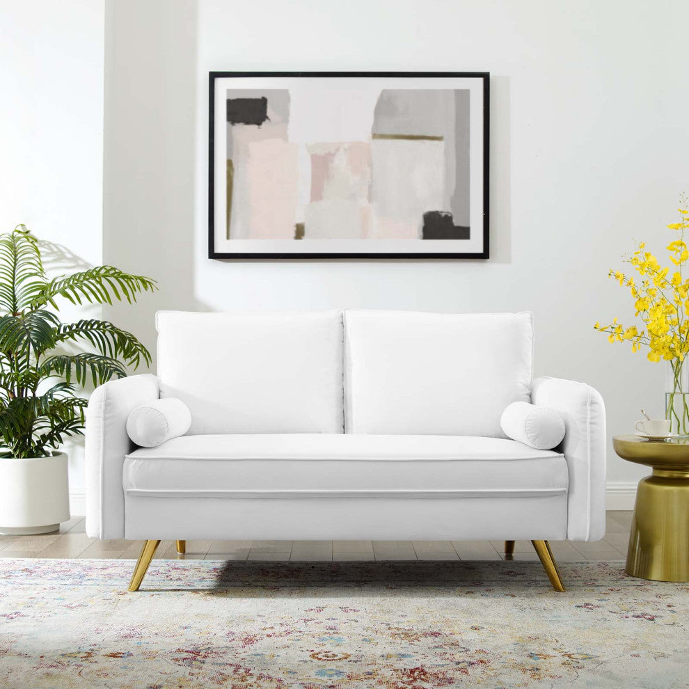 Loveseat Sofa, Velvet, White, Modern, Living Lounge Room Hotel Lobby Hospitality