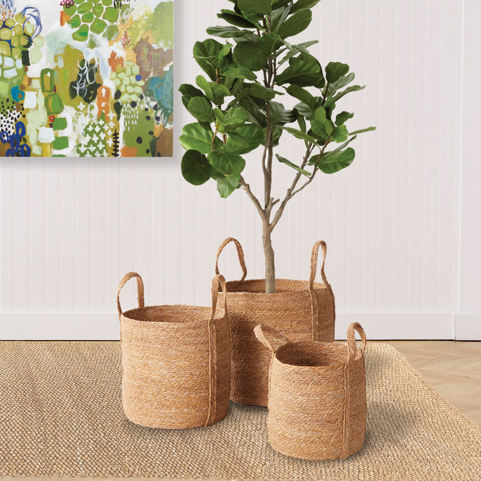 3-Piece Seagrass Round Basket Set With Long Handles