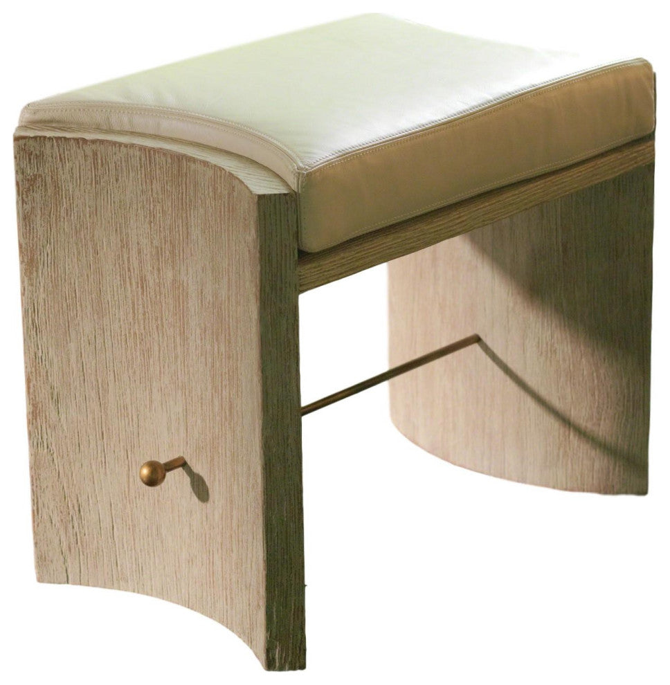 Mid Century Modern Curved Bench Stool  Light Wood Ivory Leather Brass Ottoman