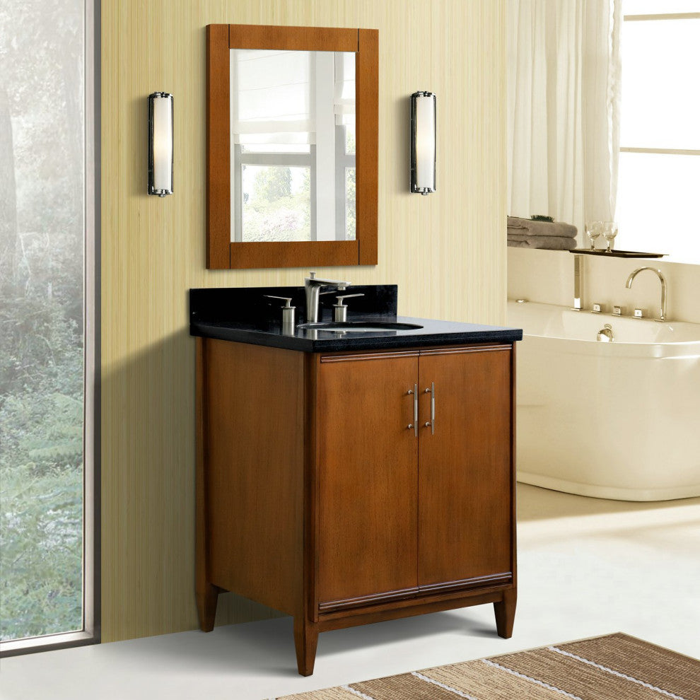 31" Single Sink Vanity, Walnut Finish, Black Galaxy Granite With Oval Sink