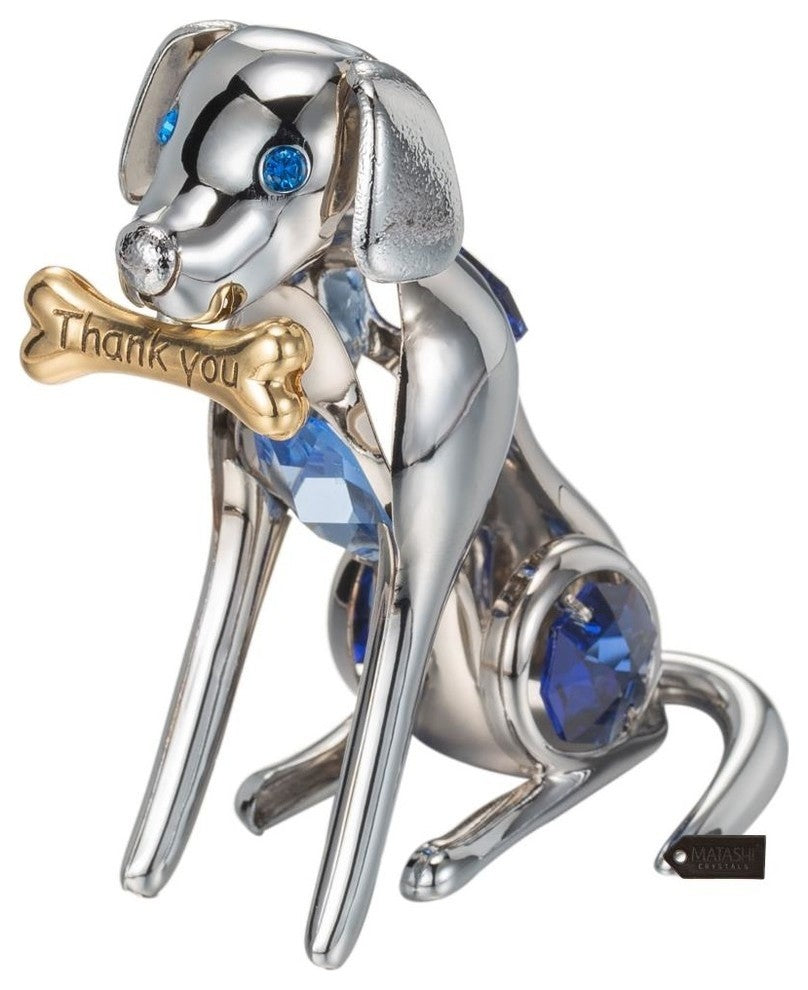 Chrome Plated Silver Dog and Bone With Blue Crystals