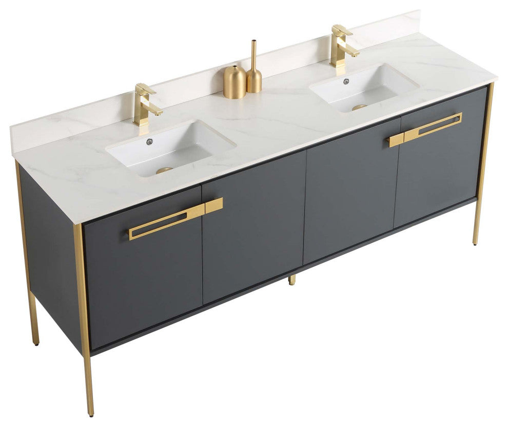 Oakville Bath Vanity, Ceramic Sink, Onix Grey, 72 Inch, Satin Brass Hardware