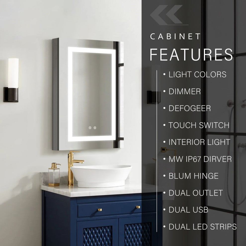Recessed/Surface Mount LED Medicine Cabinet Mirror with Defogger, 20"x30" Right Hinge