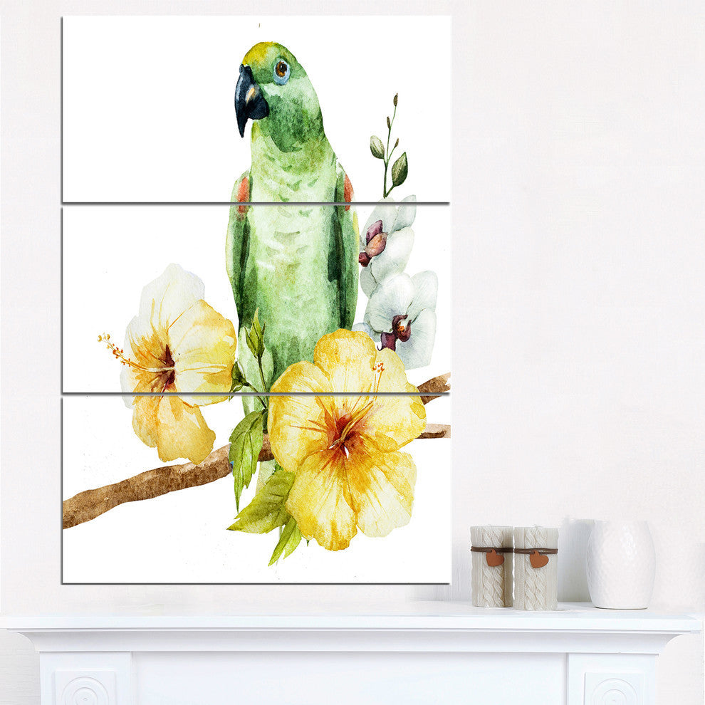 "Parrot With Flowers Watercolor" Painting Metal Wall Art, 3 Panels, 28"x36"