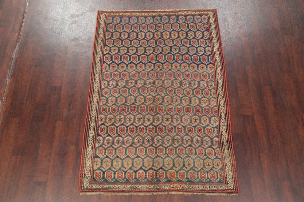 Consigned, Antique Vegetable Dye Handmade Geometric Oriental Area Rug, Blue, 5X7