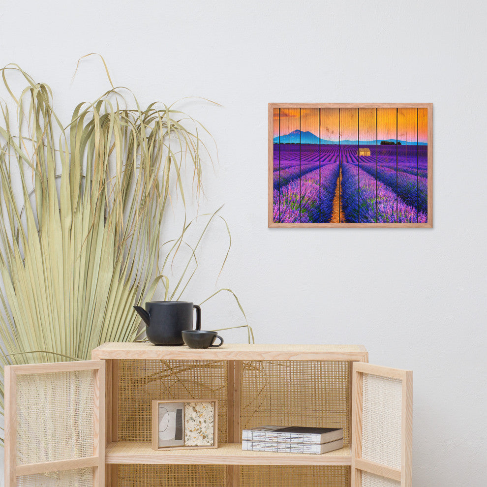 Faux Wood Lavender Fields and Sunset Landscape Framed Photo Paper Wall Art Print, Red Oak, 18" X 24"