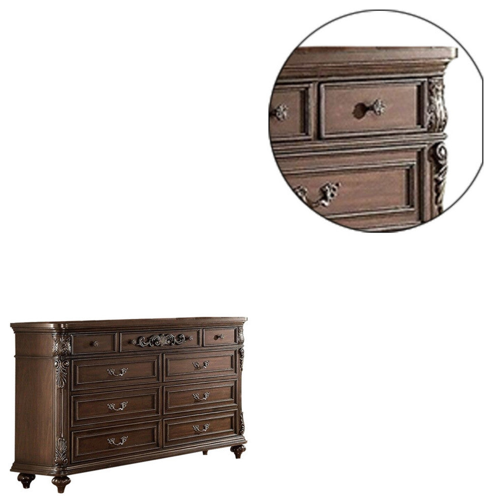 Nine Drawers Wooden Dresser With Molded Details, Brown