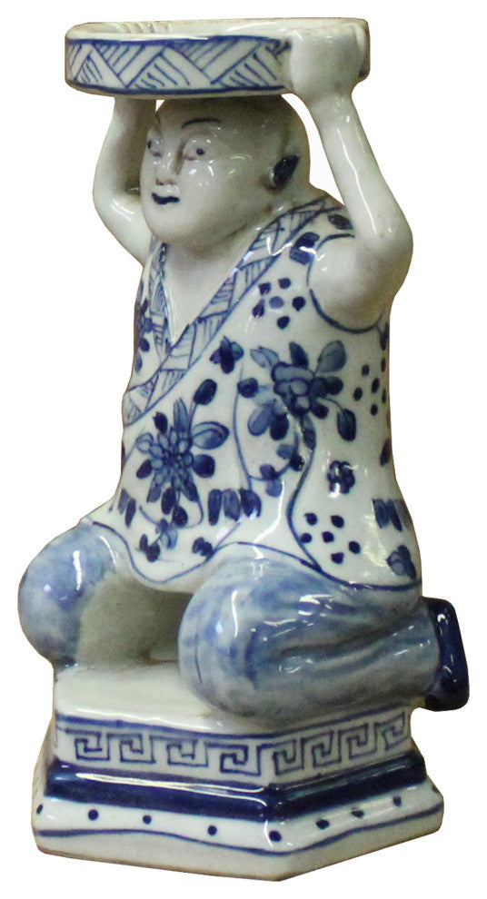 Oriental Vintage Ceramic Blue White Man Holding Dish Figure Hws1118