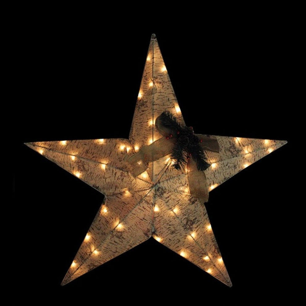 36" Lighted 2.5-D Country Rustic Birch Star Christmas Decoration, Clear Lights