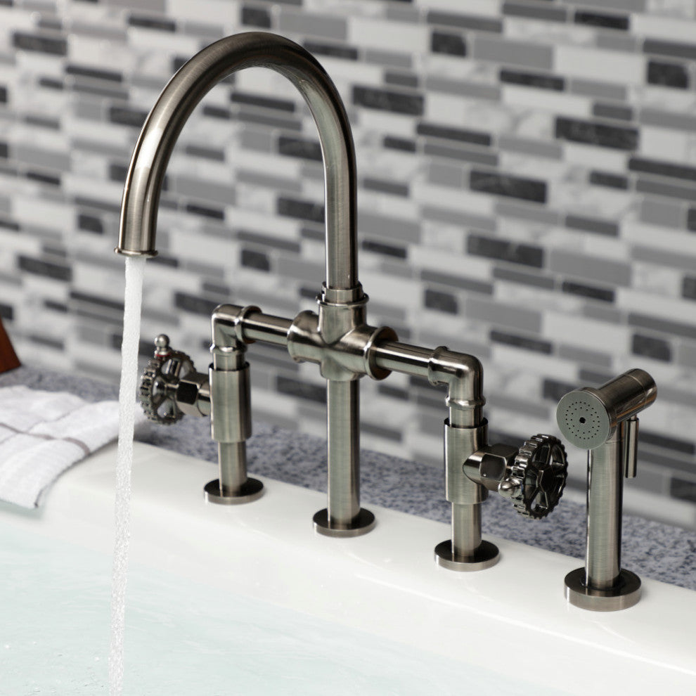 KS2334CG Bridge Kitchen Faucet With Brass Sprayer, Black Stainless