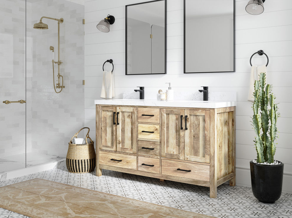 Malibu Mango 60 Double Sink Bathroom Vanity in White Washed 2" Carrara Quartz