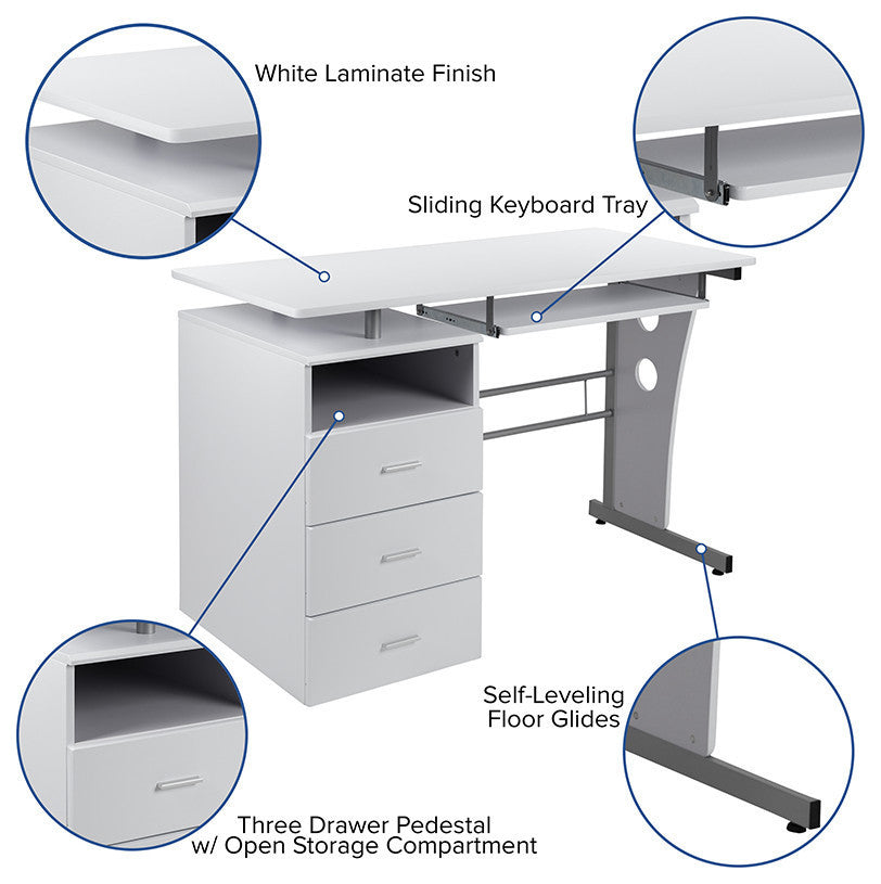 Computer Desk With 3-Drawers and Pull-Out Keyboard Tray, White