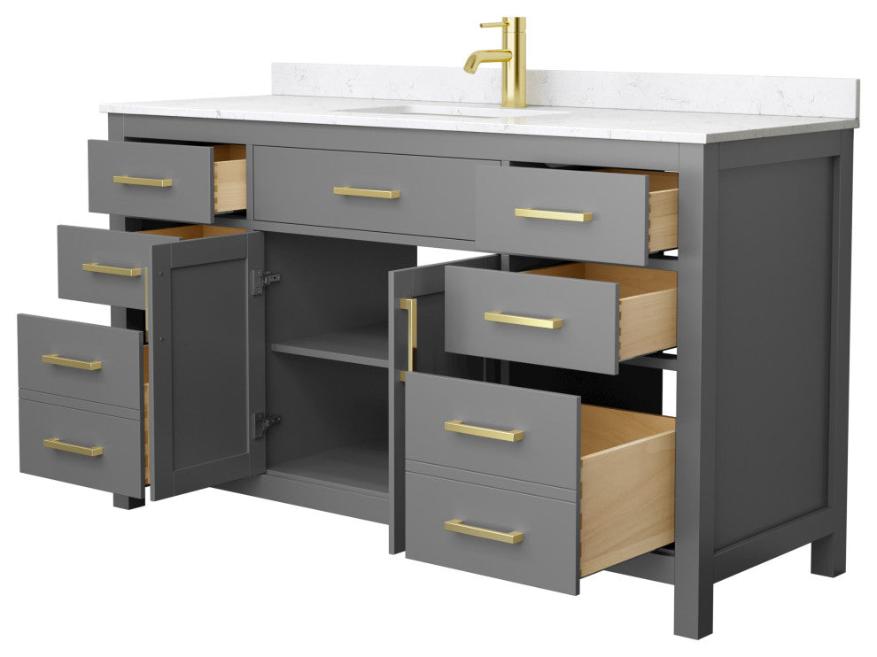 60"SGL Vanity Dark Gray, Carrara Cult. Marble Countertop, Sink, Gold Trim