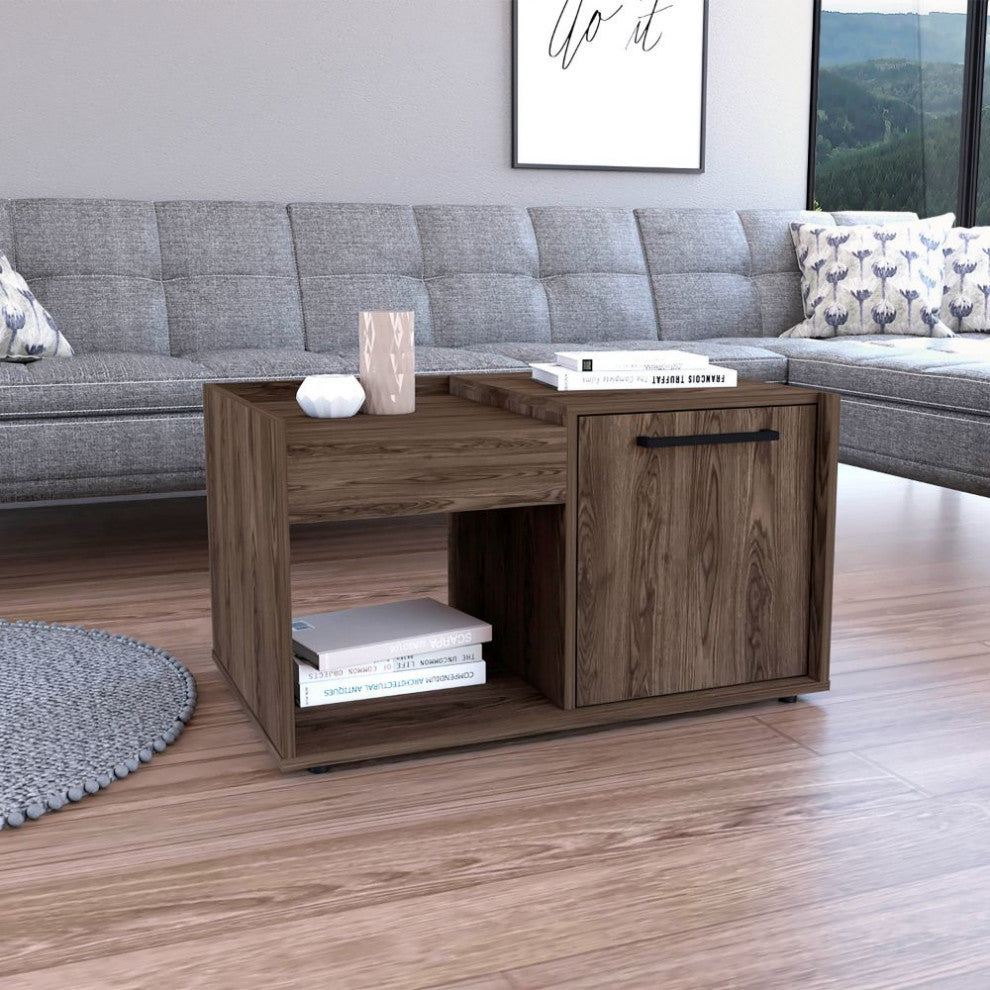 Velvet Coffee Table with Single-Door Cabinet, Dark Walnut