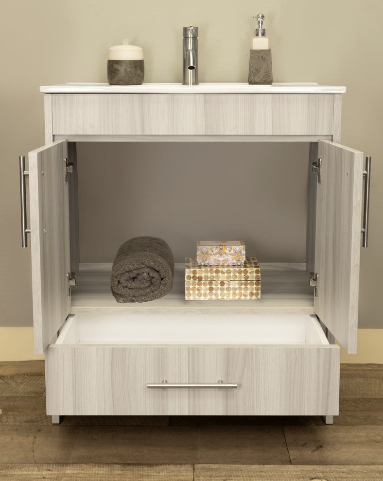 Pacific 30" Vanity With Integrated Ceramic Top and Brushed Nickel Handles, Ash G