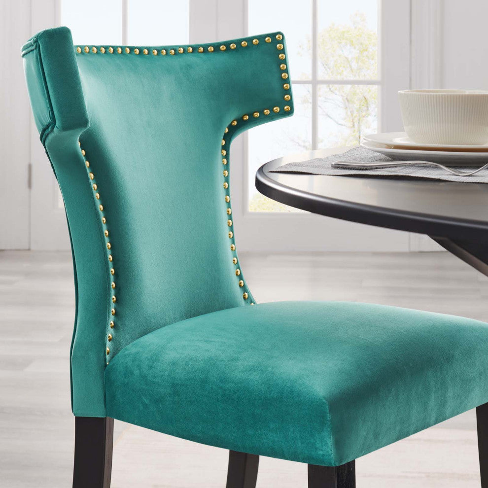Dining Chair, Nailhead, Set of 2, Teal Blue, Velvet, Modern, Bistro Hospitality