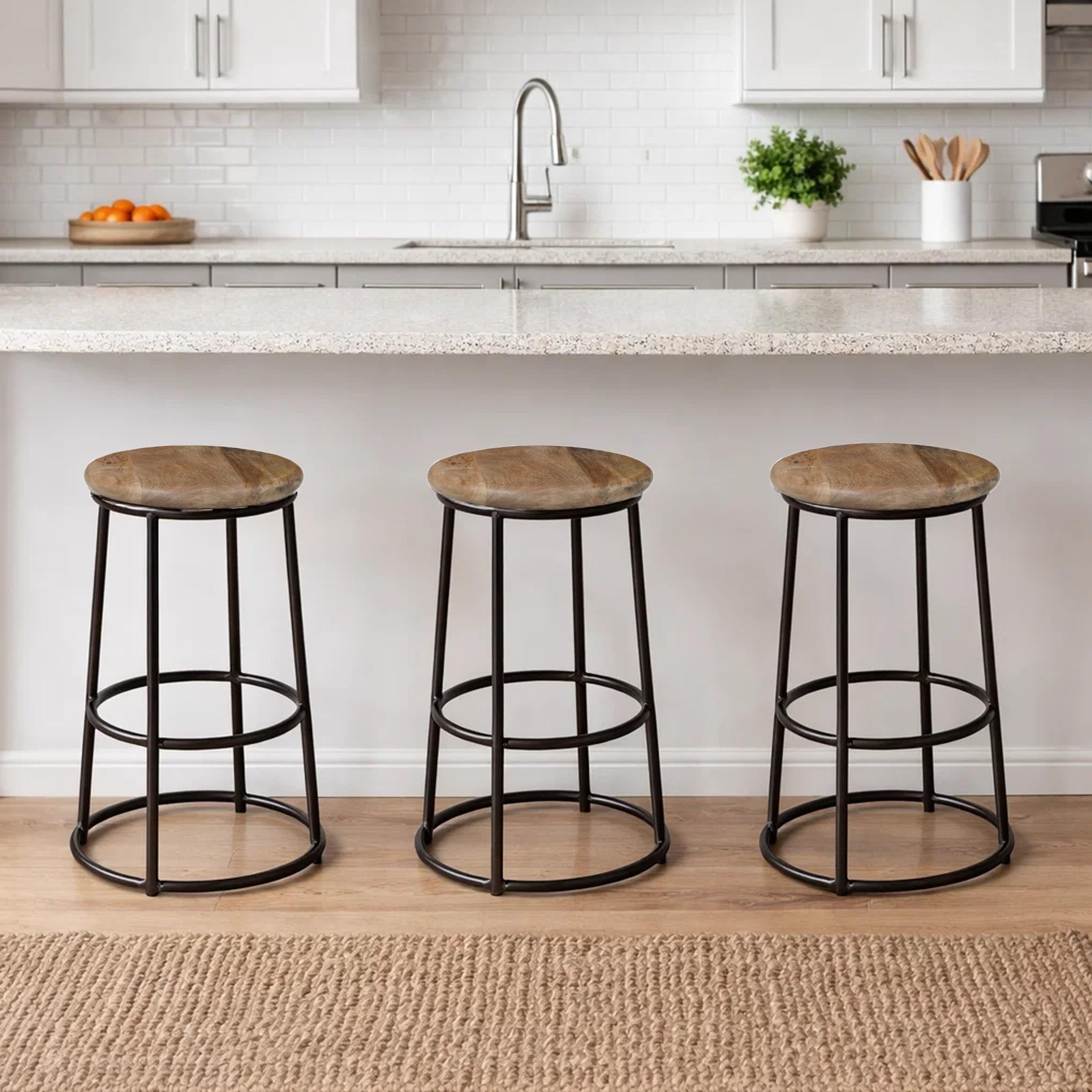 24" Mango Wood Counter Height Barstool With Iron Base Brown And Black