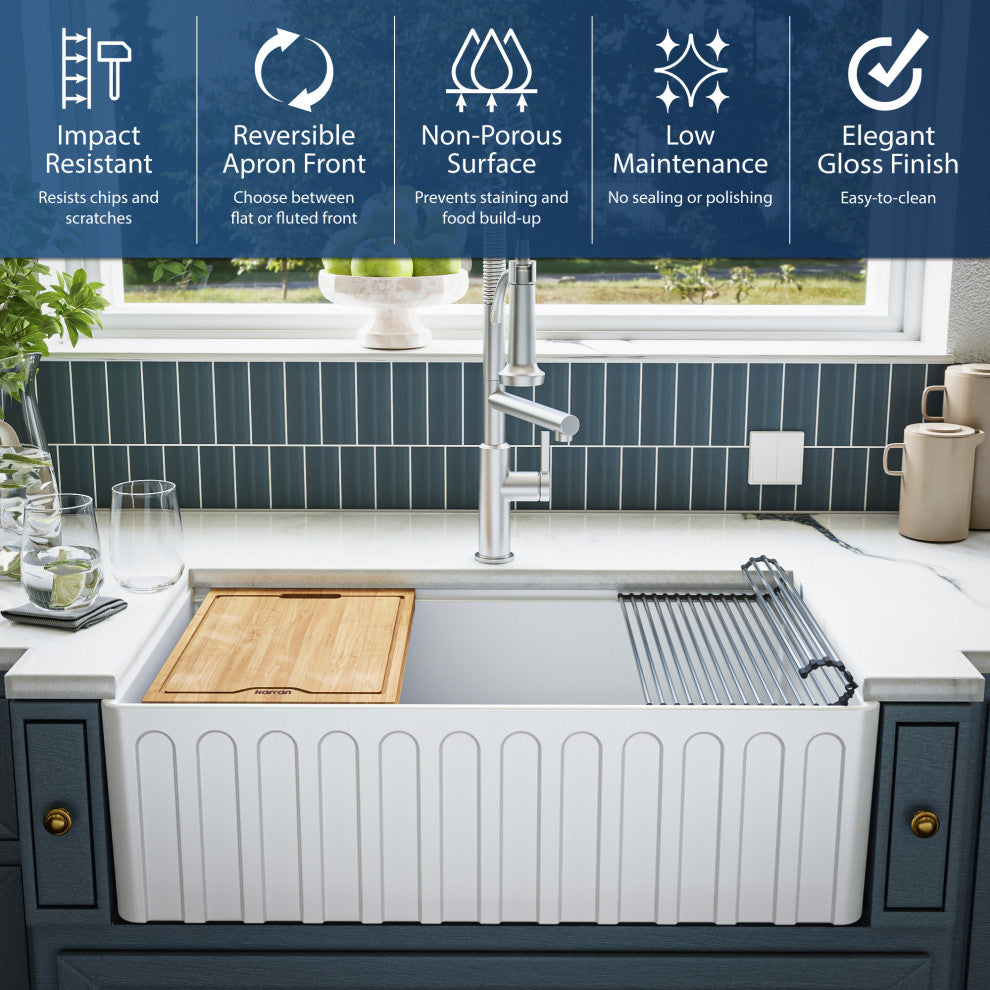 Karran 33 in. Single Bowl Workstation Fireclay Sink with Reversible Apron, White
