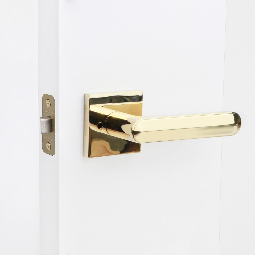 Modern Heavy Duty Designer Interior Door Lever - Beaux Collection, Polished Brass, Privacy Right Hand