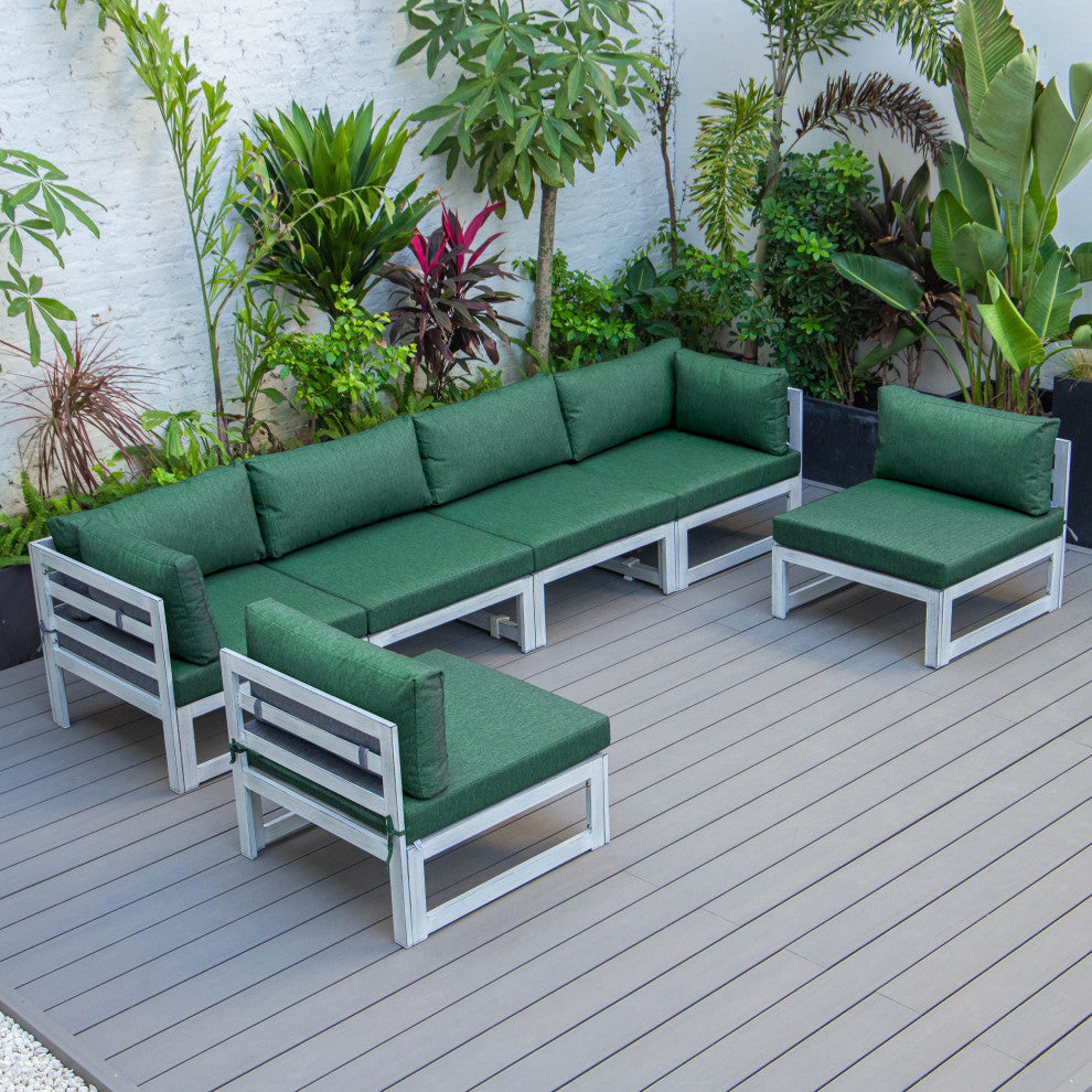 LeisureMod Chelsea 6-Piece Patio Sectional, Weathered Gray Aluminum, Green
