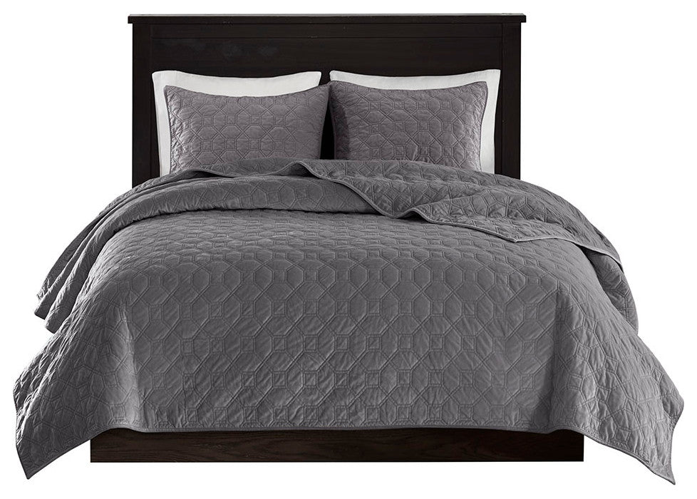 Madison Park Harper 3 Piece Velvet Quilt Set, Grey