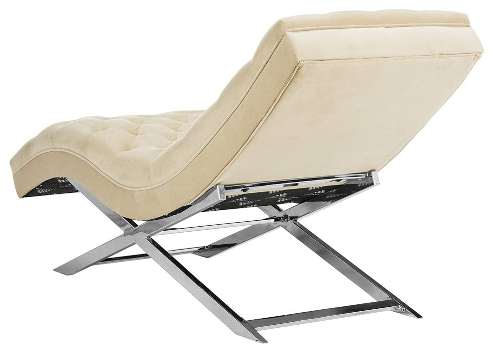 Modern Beige Velvet and Chrome Chaise with Headrest Pillow