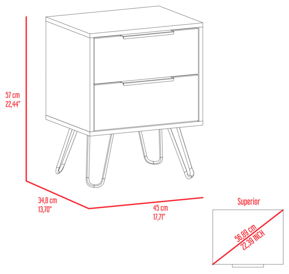 Nuvo 22-inch Tall Nightstand with 2 Drawers, and Hairpin Legs, White