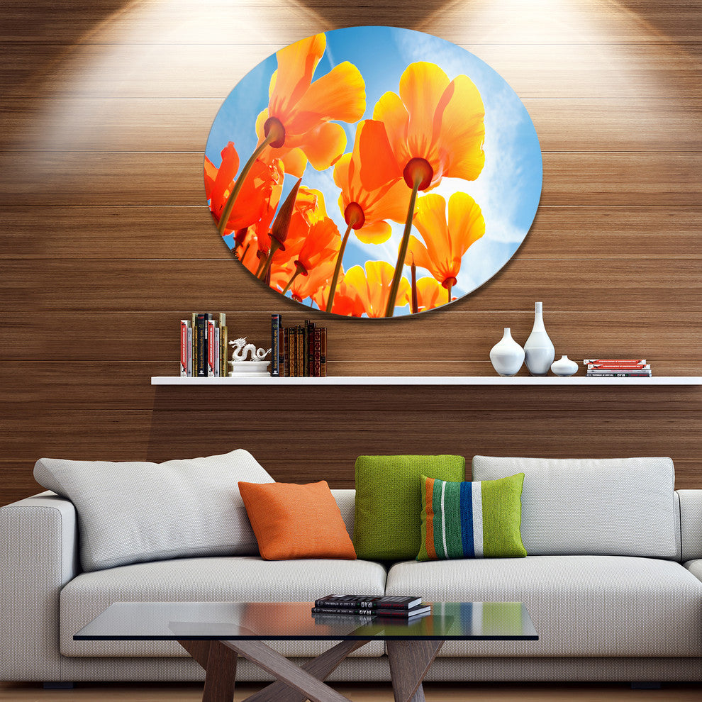 Yellow Spring Flowers On Blue, Modern Floral Disc Metal Wall Art, 23"
