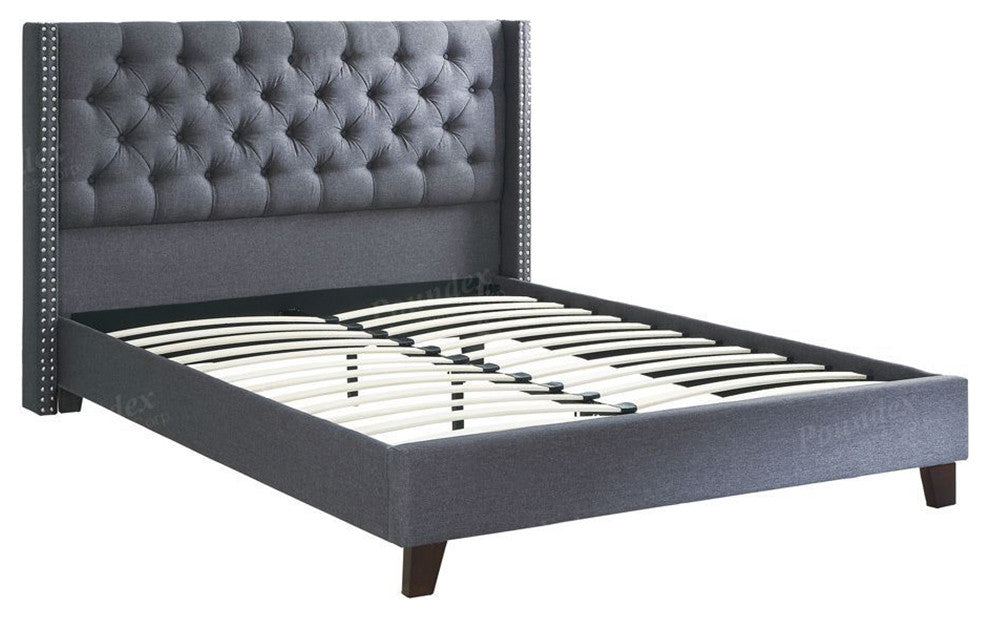 Benzara BM171725 Polyfiber Queen Size Bed Featuring Nail head Trim Blue Gray