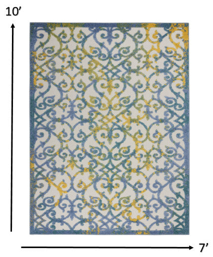 7' X 10' Ivory And Blue Floral Indoor Outdoor Area Rug