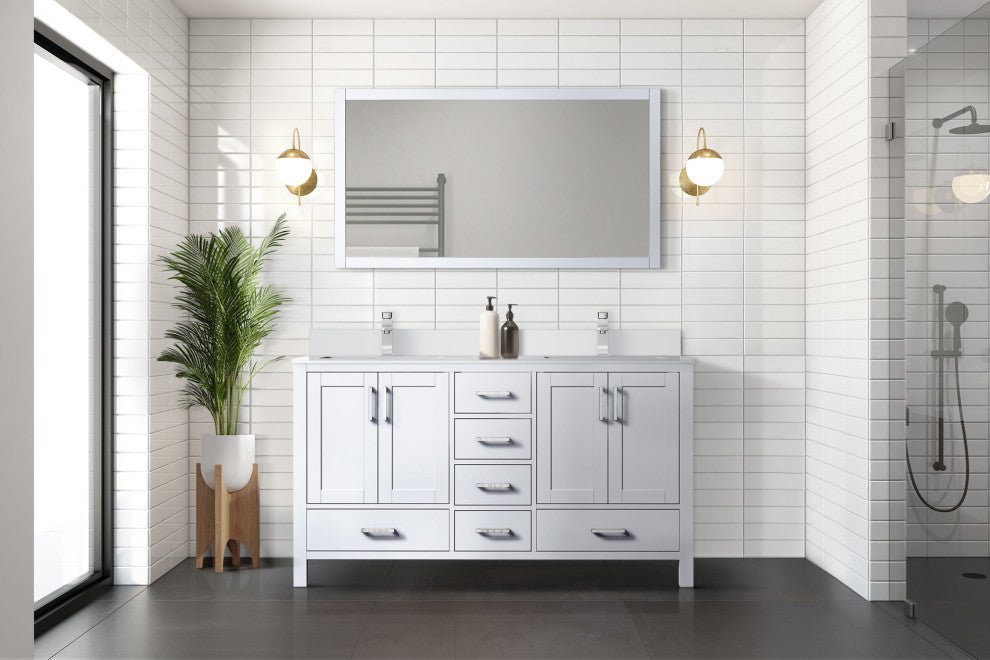 Jacques 60" White Double Sink Vanity with Quartz Top, No Mirror
