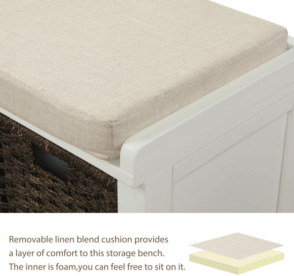 Entryway Rustic Storage Bench with 3 Removable Basket and Cushion