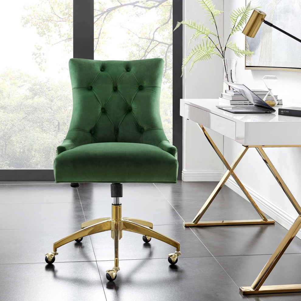Vintage Office Chair, Golden Base With Velvet Seat & Hourglass Back, Emerald