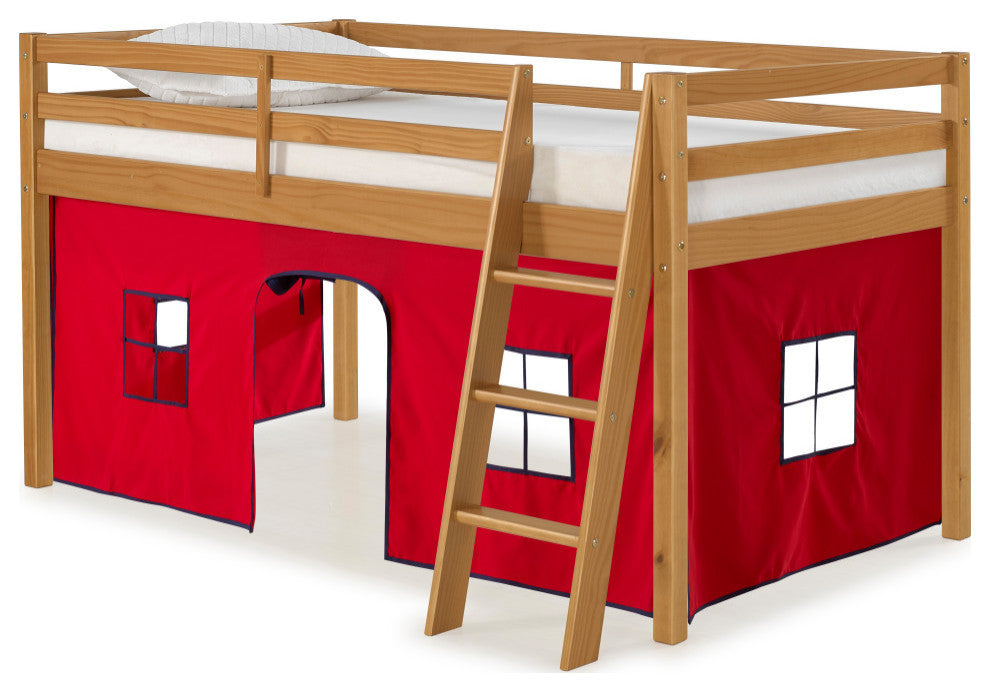 Twin Wood Junior Loft Bed With Brown With Red And Blue Bottom Tent