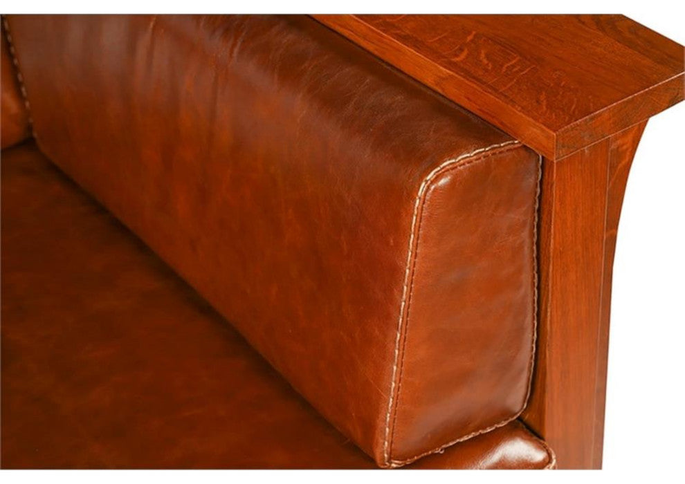 Arts and Crafts / Craftsman Cubic Slat Side Arm Chair - Chestnut Brown Leather