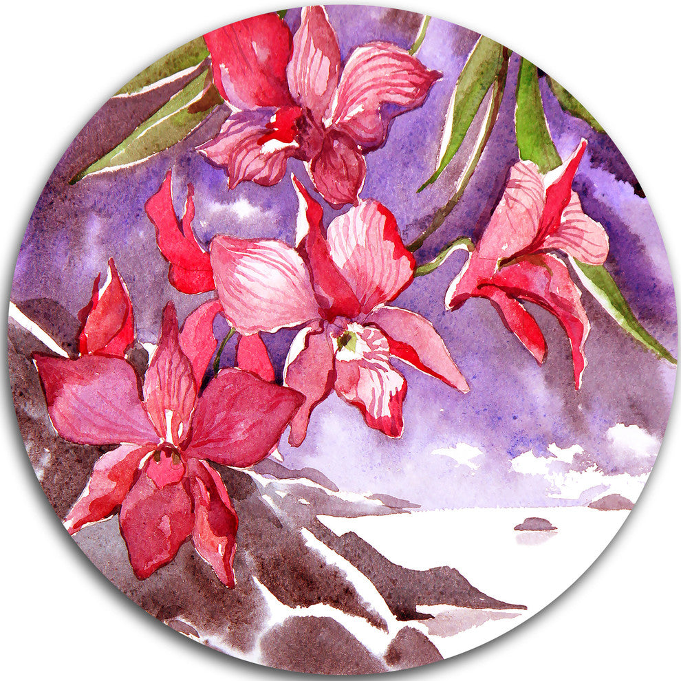 Red Orchid With Sea, Floral Disc Metal Artwork, 23"