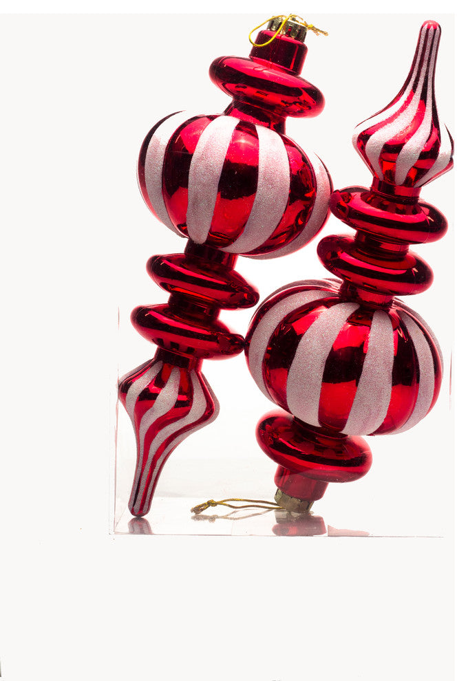 2Pk Red Finial Ornament With White Glittered Stripes