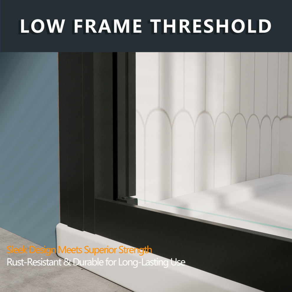 3-Panel Sliding Semi-Frameless Shower Door in Matte Black Finish, 54"x70"