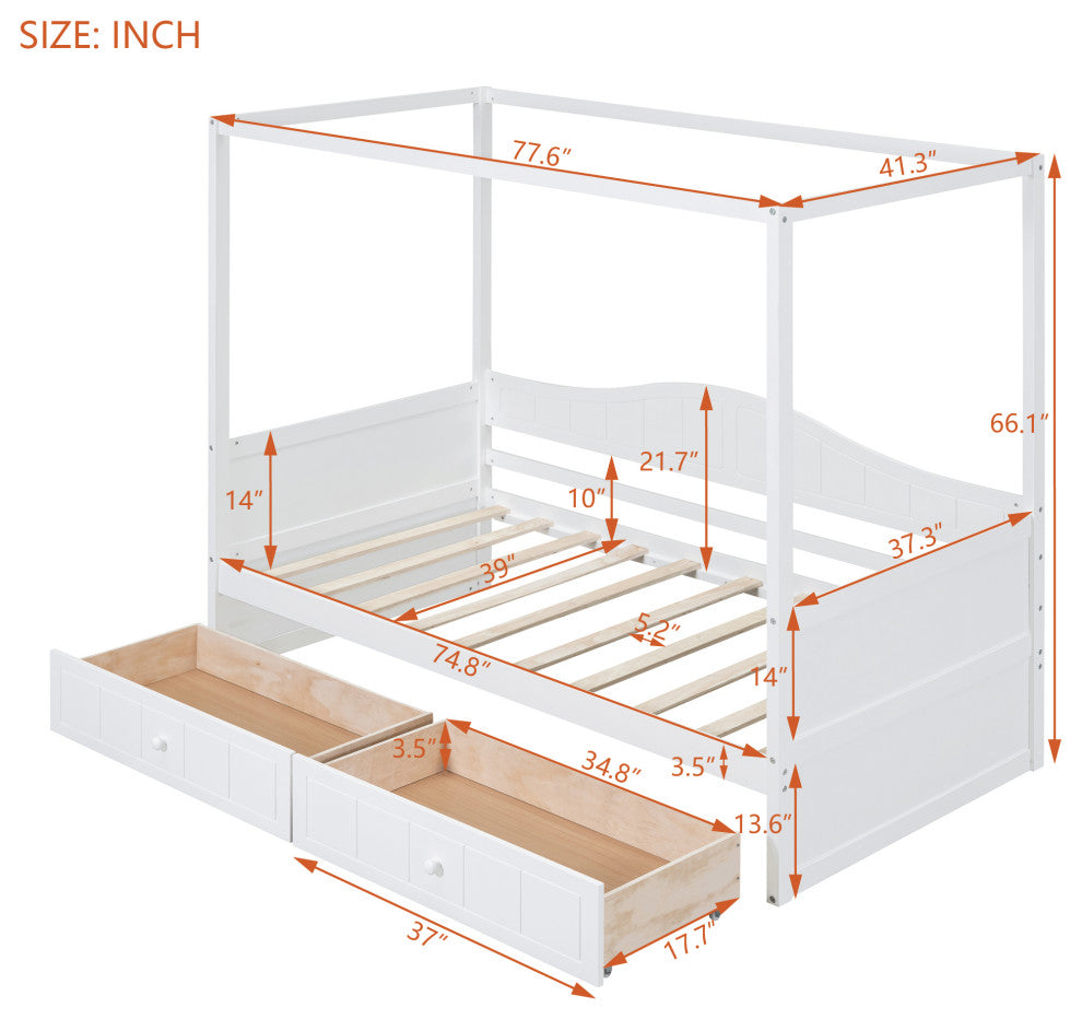 Gewnee Twin Size Canopy Day Bed with 2 Drawers, White