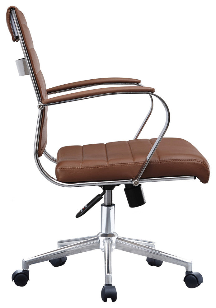 Mid Back Swivel Boss Ribbed PU Leather Office Arm Chair Modern Ergonomic, Brown