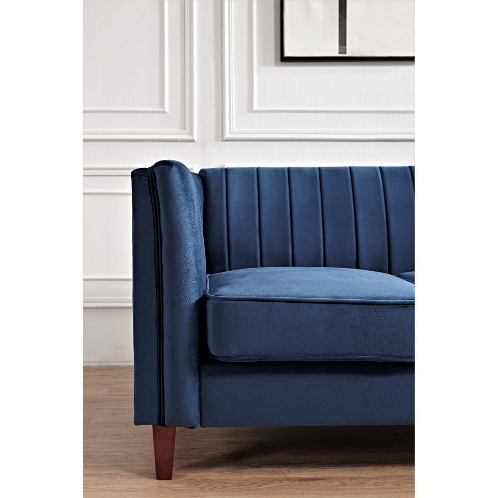 Modern 3 Seater Sofa, Velvet Seat & Vertical Channel Tufted Backrest, Dark Blue