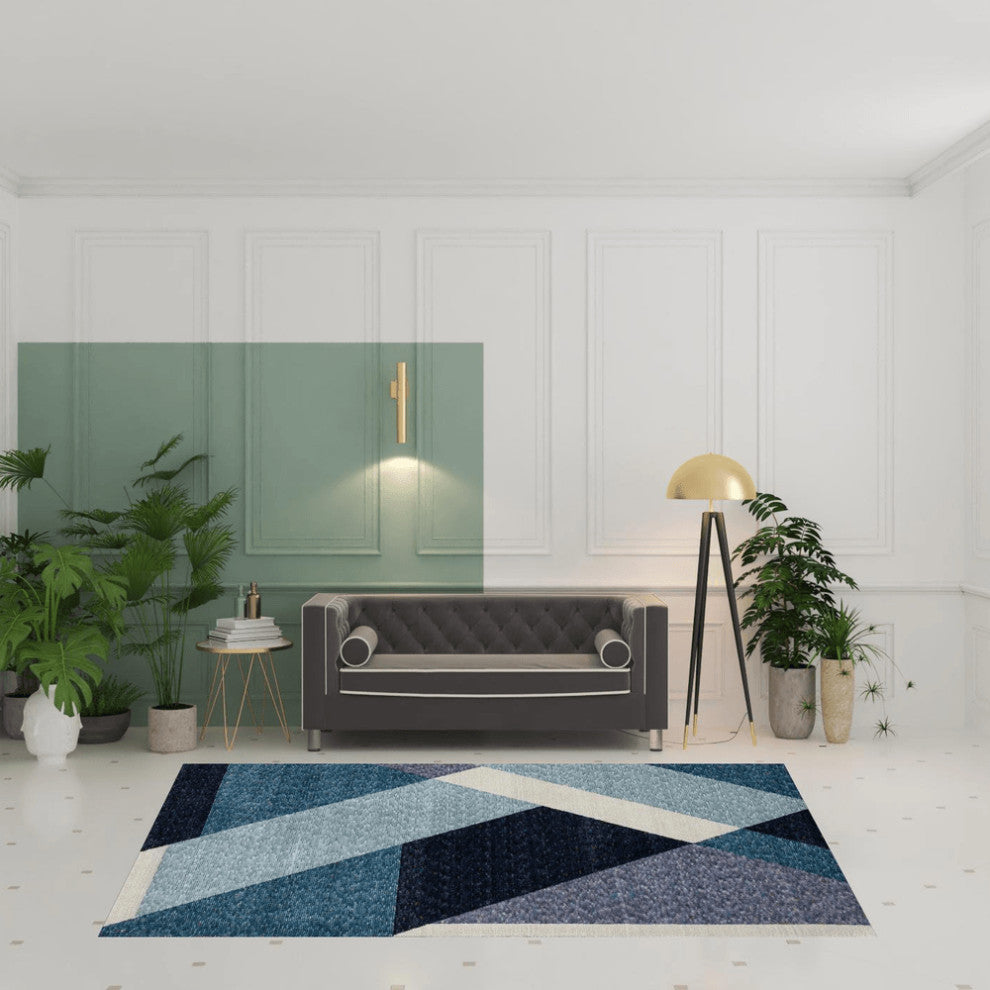 7' X 10' Blue Purple Grey And Teal Geometric Power Loom Area Rug