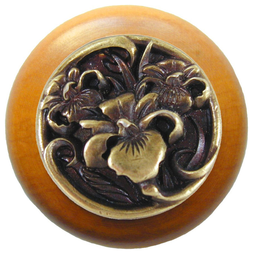 River Iris Wood Knob, Antique Brass, Maple Wood Finish, Antique Brass