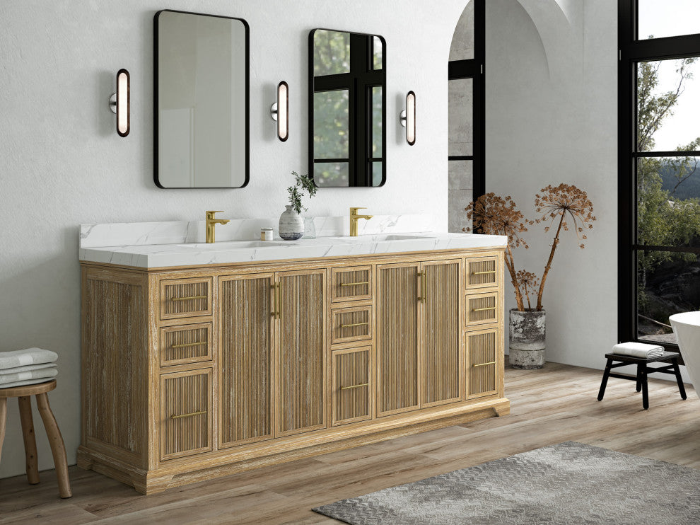 Alys Teak 84 Double Sink Bathroom Vanity Whitewashed 2" White Quartz