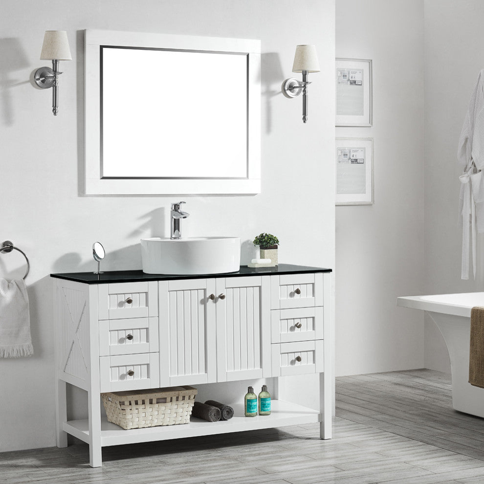 48"? Vanity in White with Glass Countertop with White Vessel Sink With Mirror