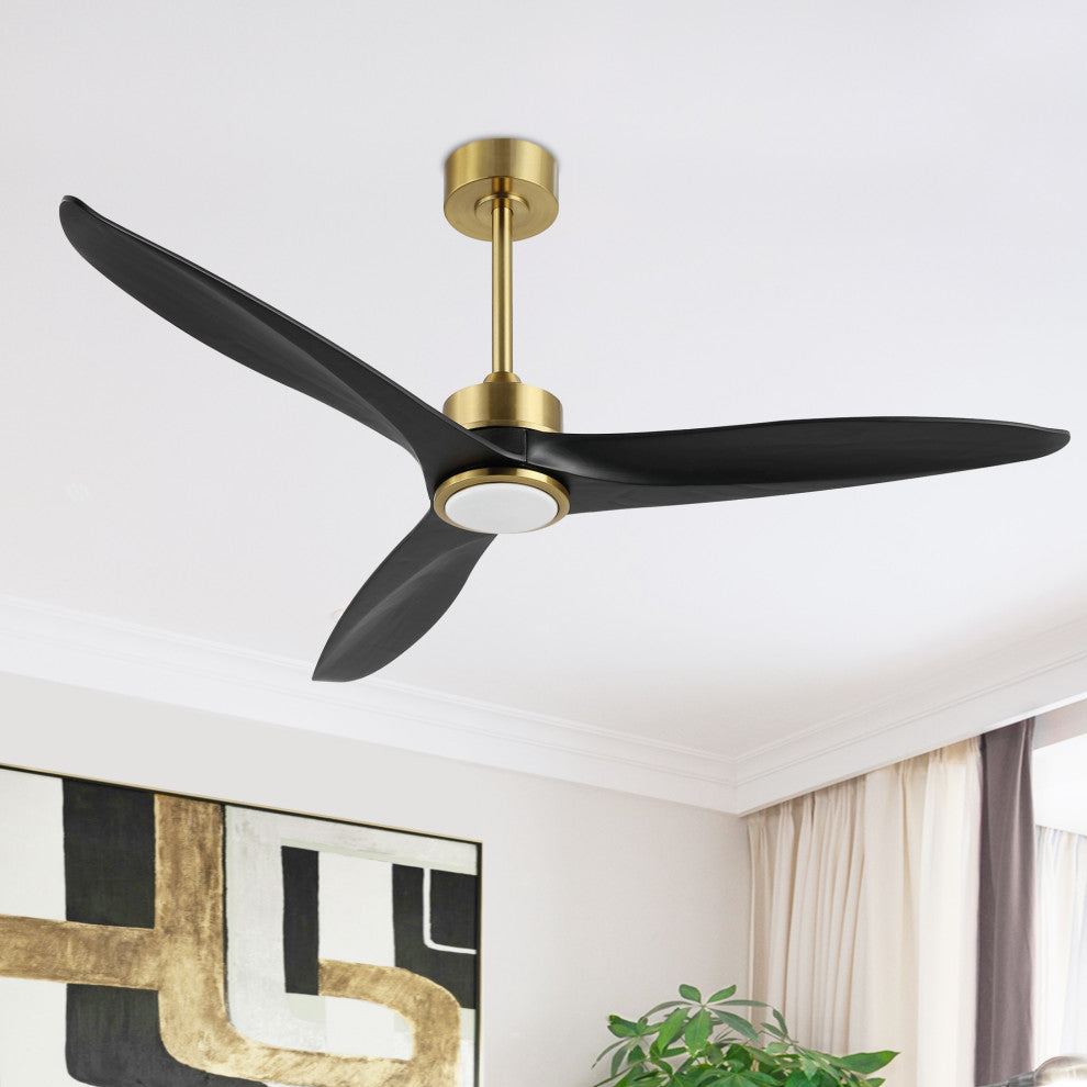 52" Solid Wood 3-Blade LED Ceiling Fan With Remote Control and Light Kit, Gold/Black